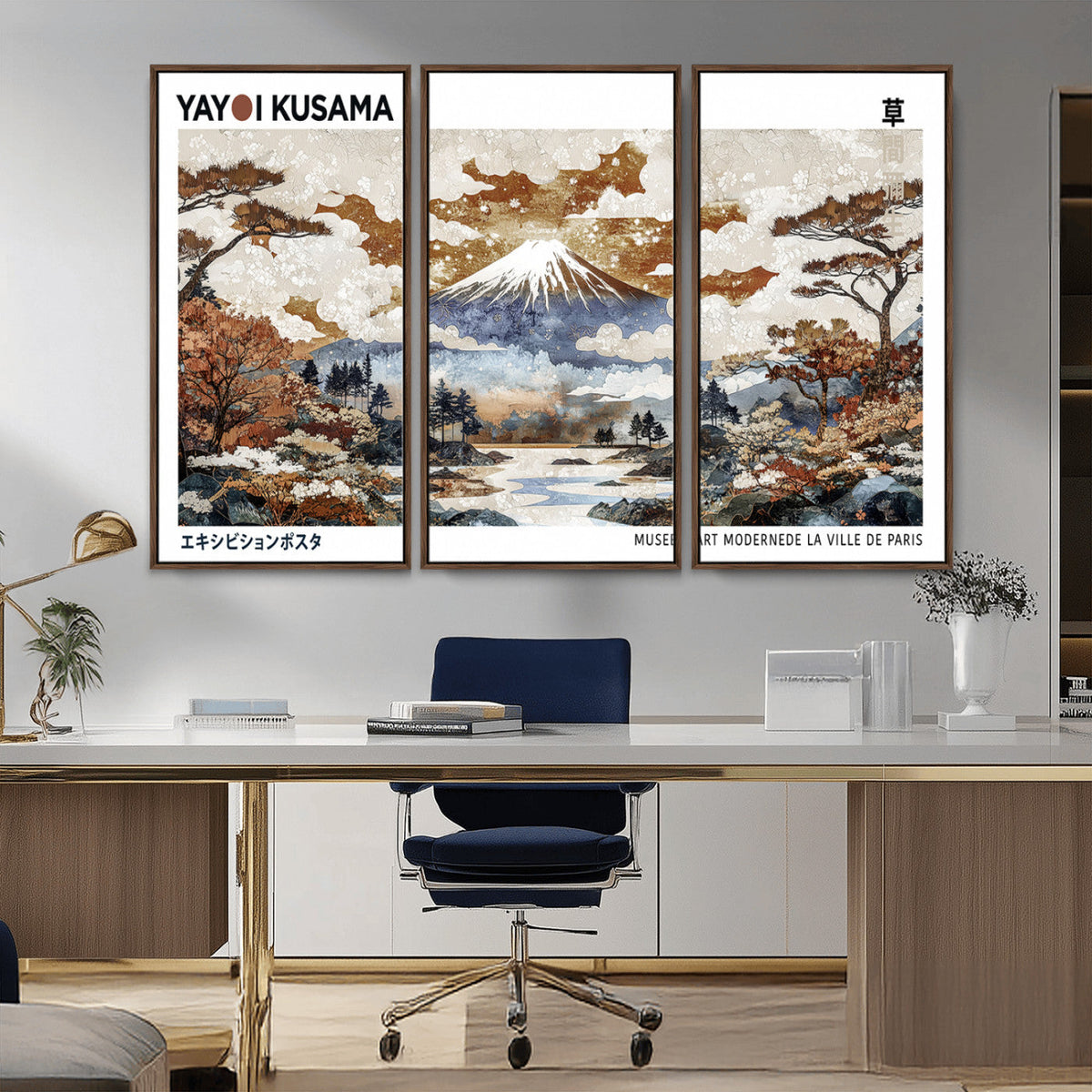 Modern Japanese Wall Art Canvas Print, Framed Abstract Mount Fuji Landscape, Yayoi Kusama Canvas Wall Art