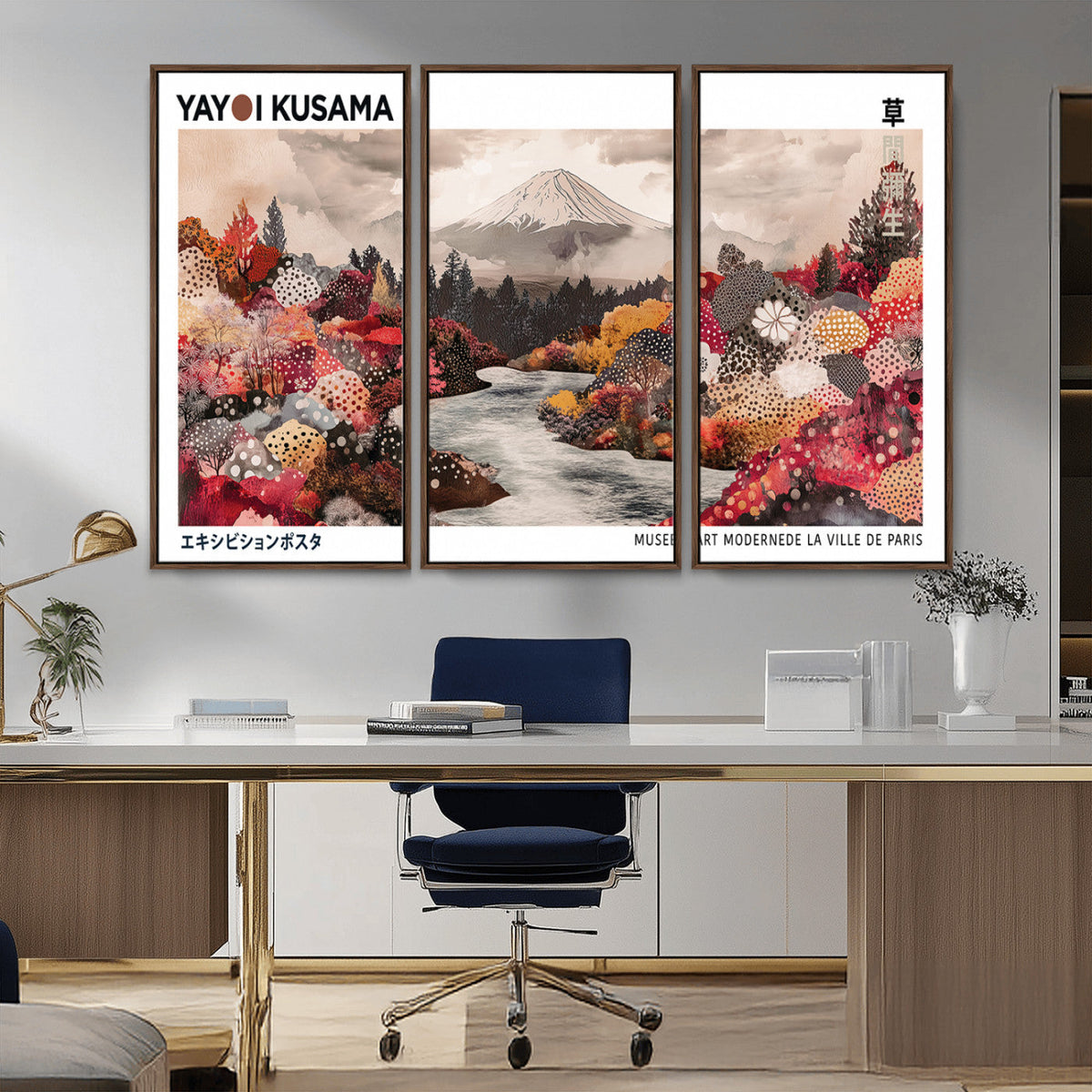 Modern Japanese Wall Art Canvas Print, Framed Abstract Mount Fuji Art, Yayoi Kusama Japanese Landscape