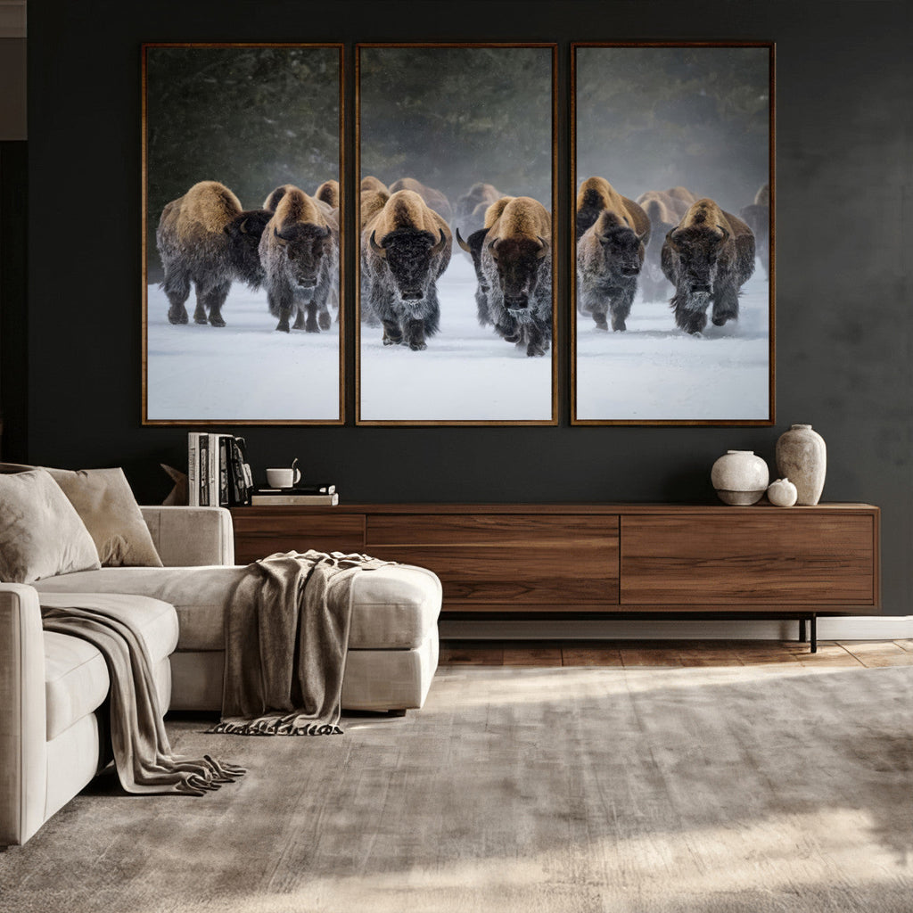Bison Herd Wall Art Canvas Print, Framed Rustic Wildlife Decor, Snowy Bison Landscape