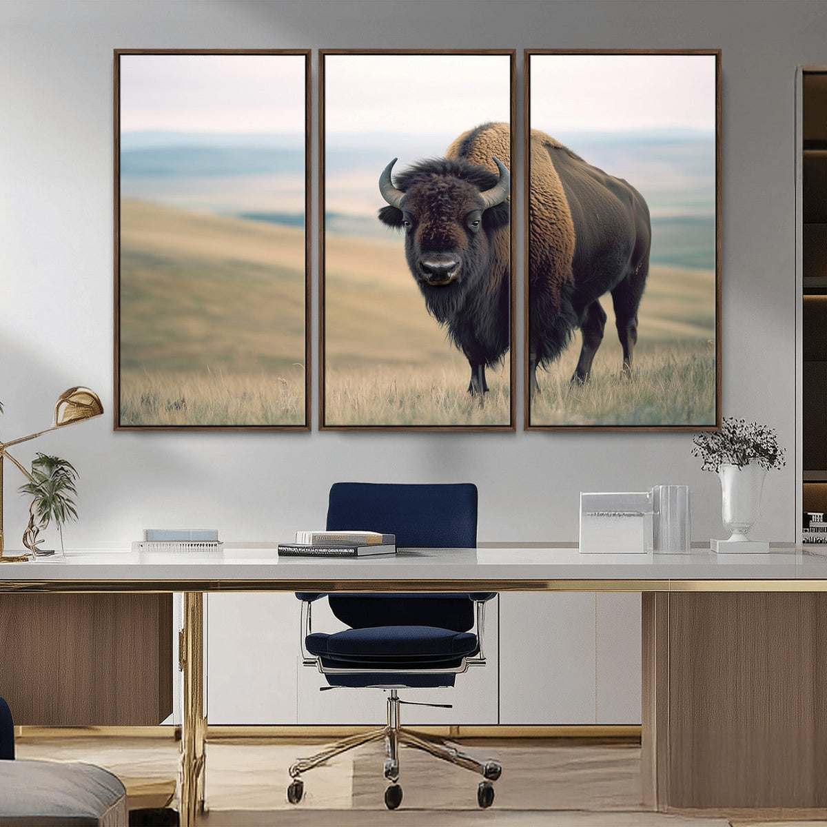 Bison Wall Art Canvas Print, Framed American Buffalo Rustic Western Artwork