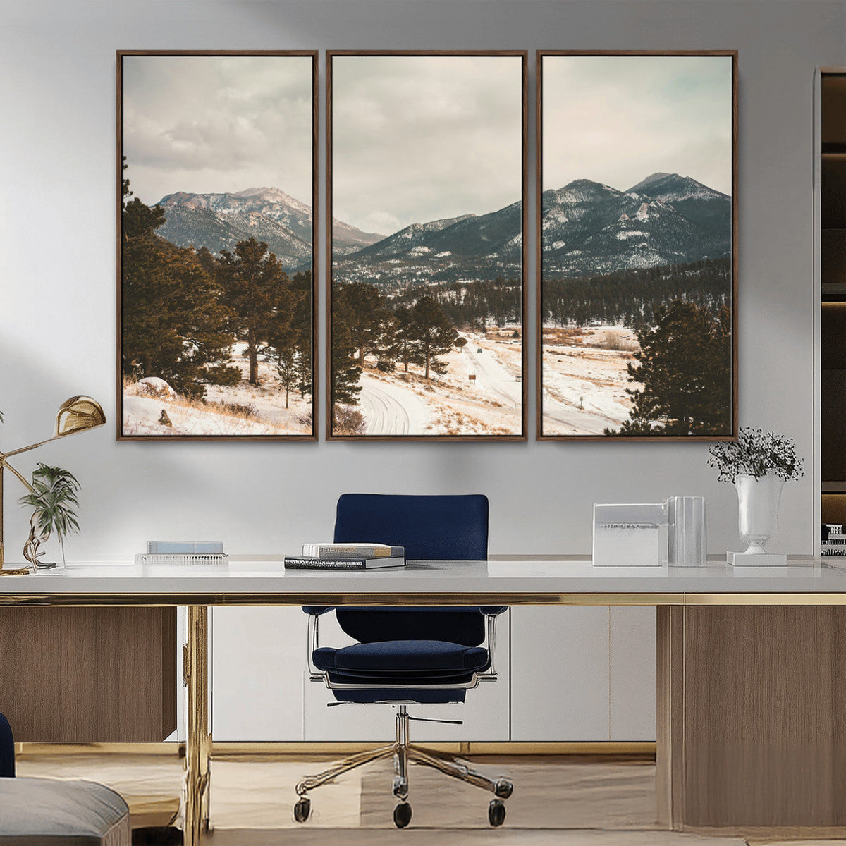 Mountain Landscape Wall Art Canvas Print, Framed Snowy Peaks Alpine Winter