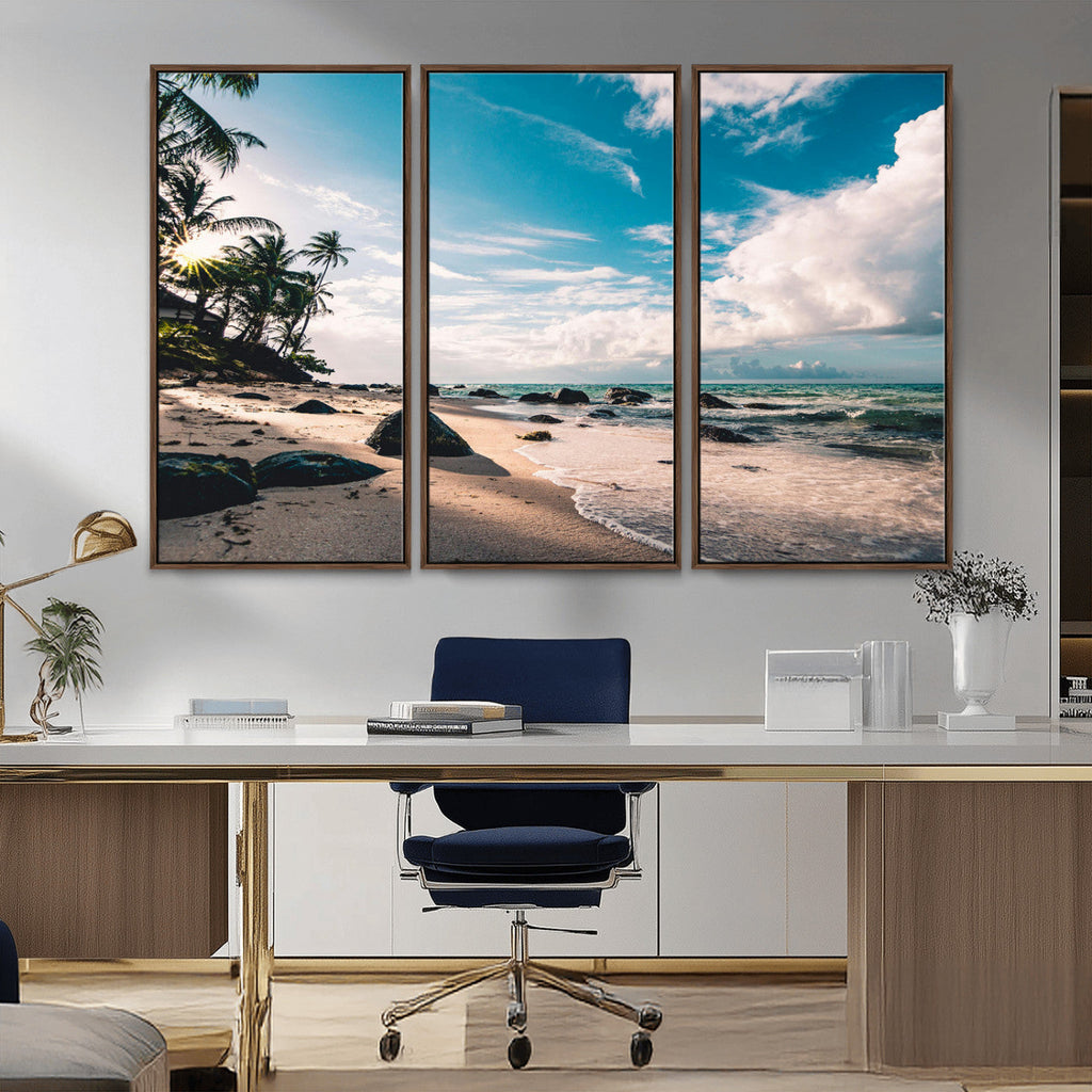 Tropical Beach Wall Art Canvas Print, Framed Ocean Waves Relaxing Seascape