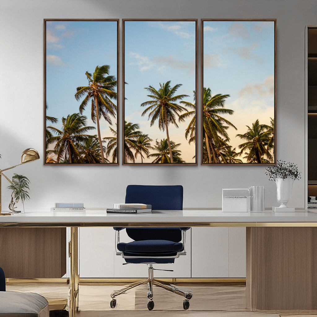 Palm Trees Wall Art Canvas Print, Framed Tropical Vibes Coastal Sunset