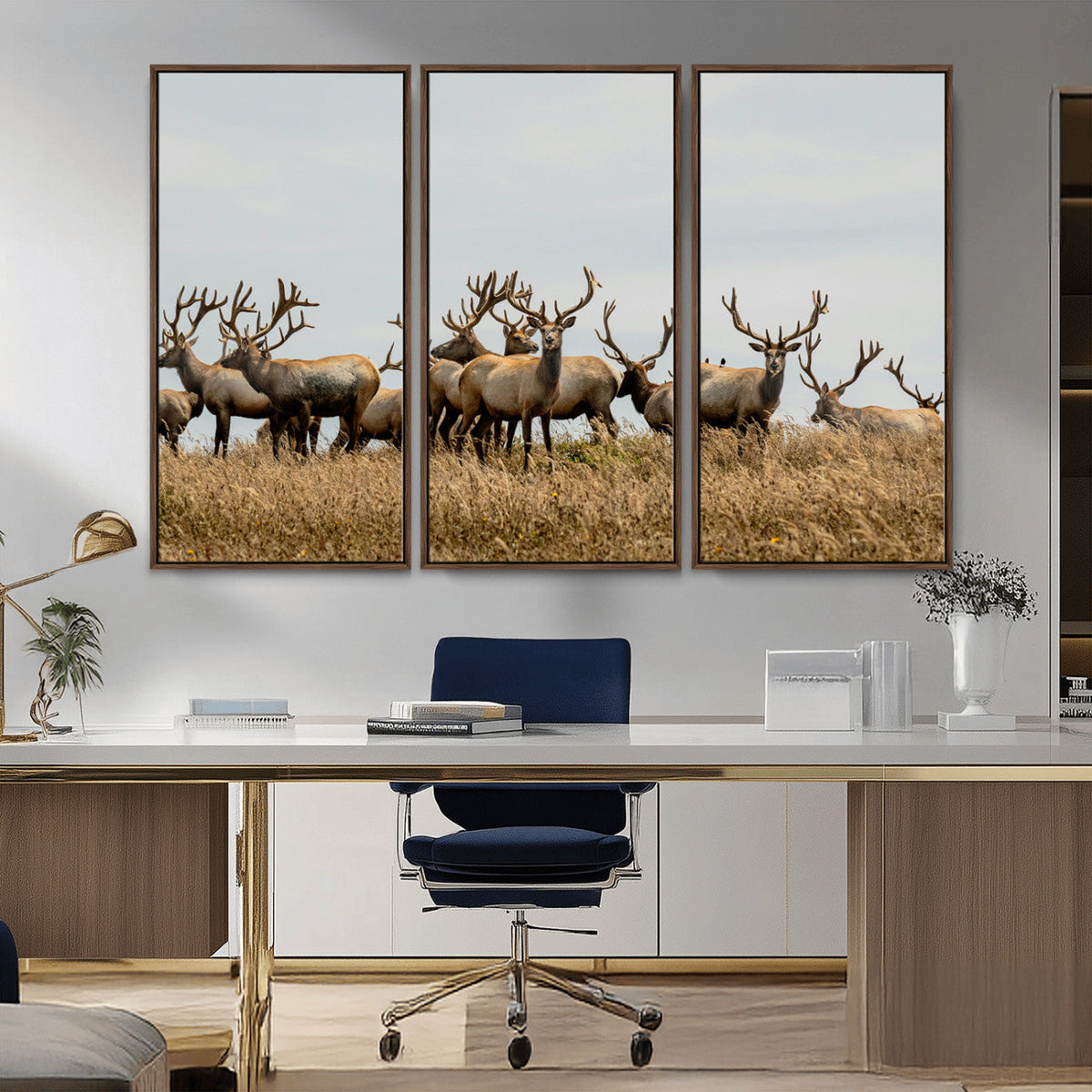 Elk Herd Wall Art Canvas Print, Framed Wildlife Photography Art, Majestic Antlers Rustic Wildlife Decor