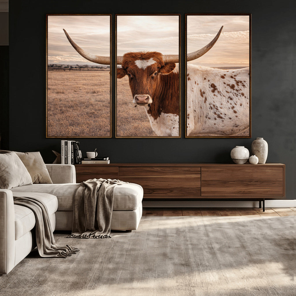 Texas Longhorn Cow Canvas Wall Art, Majestic Bull on a Rustic Western Farm
