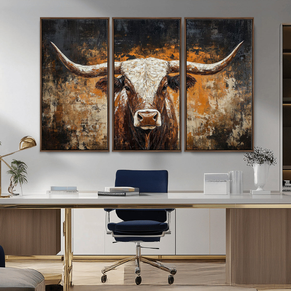 Abstract Longhorn Bull Wall Art Canvas Print, Vintage Western Texas Steer Artwork