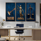 Lady Justice Wall Art Canvas Print, Elegant Gold Legal Symbols on Blue, Law Office Decor