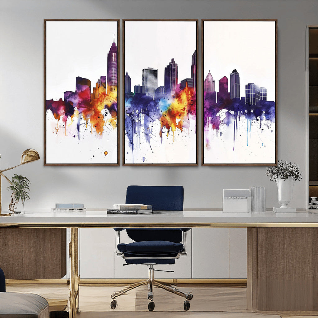Atlanta Skyline Wall Art Canvas Print, Framed Colorful Watercolor Cityscape