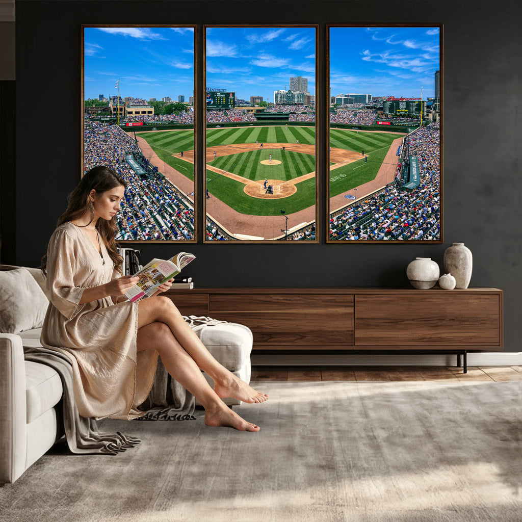 Wrigley Field Baseball Stadium Canvas Wall Art, Packed Crowd and Chicago Skyline