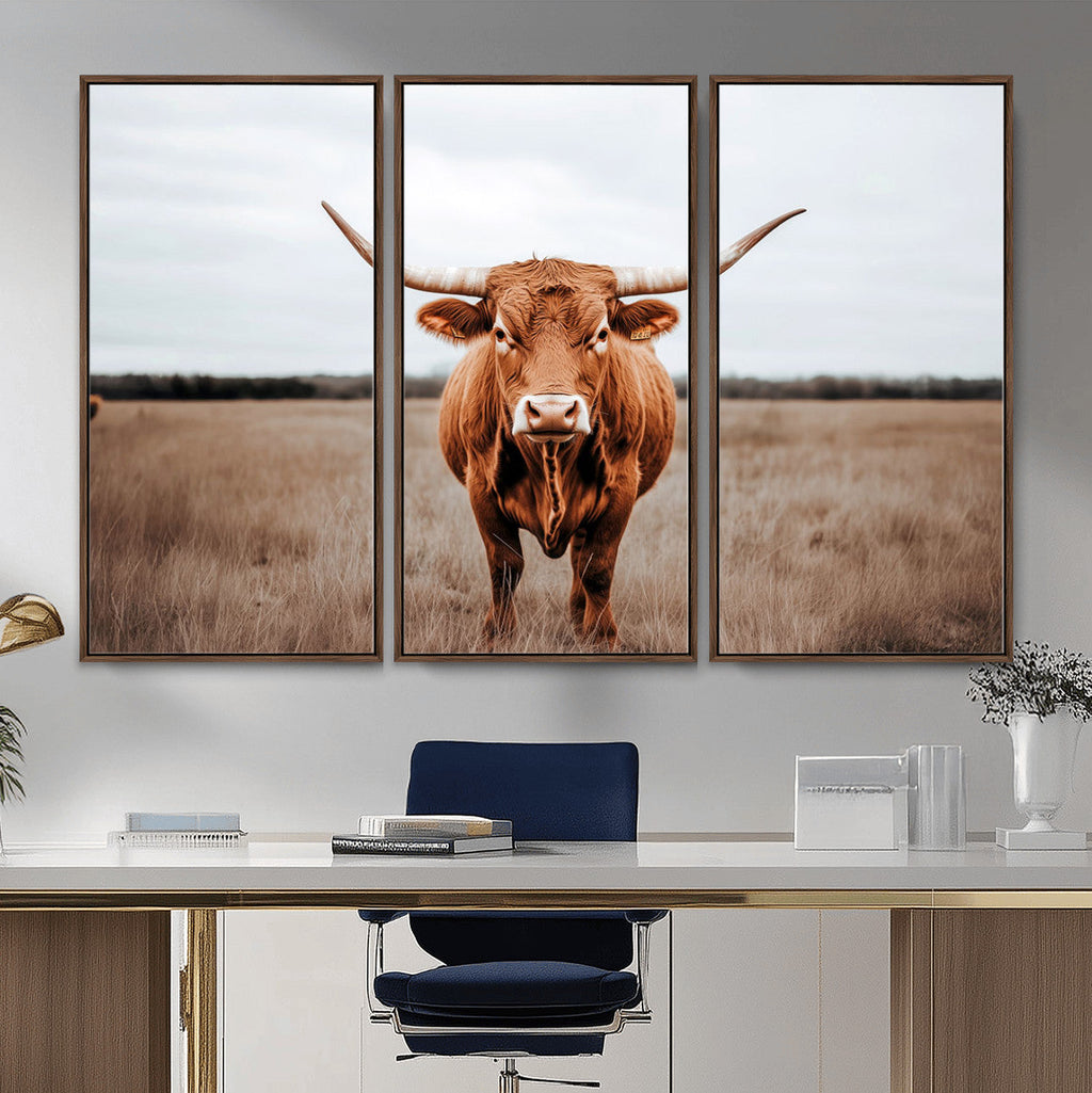 Longhorn Bull Wall Art Canvas Print, Framed Rustic Decor