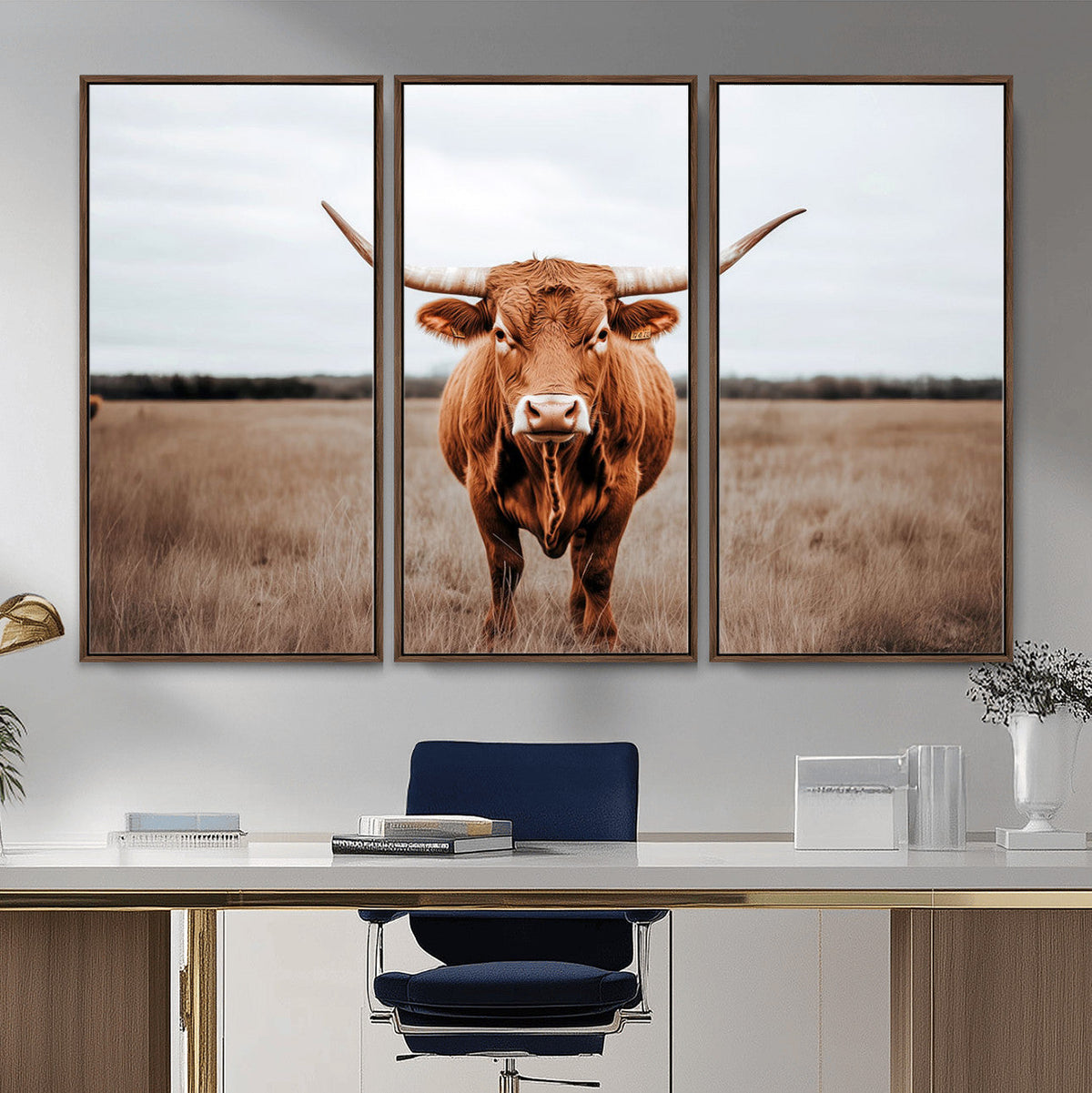 Longhorn Bull Wall Art Canvas Print, Framed Rustic Decor