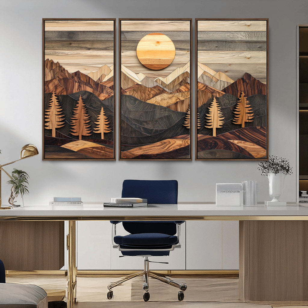 Wooden Mountain Layers Art | Rustic Pine Tree Landscape
