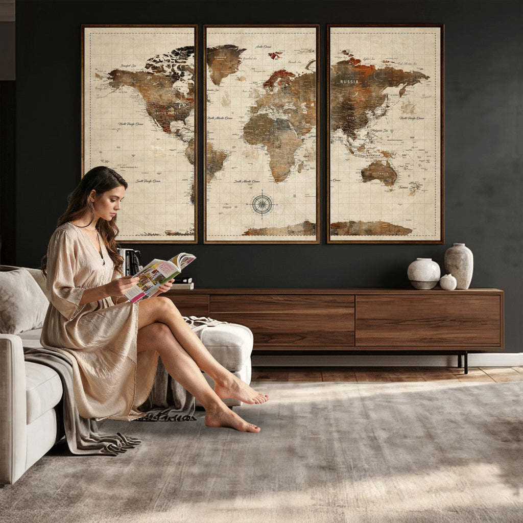 Vintage World Map Wall Art Canvas Print for Living Room, Office and Study