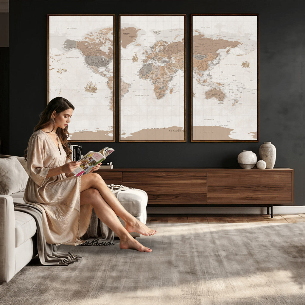 Framed Large World Map Canvas Print for Office Decor