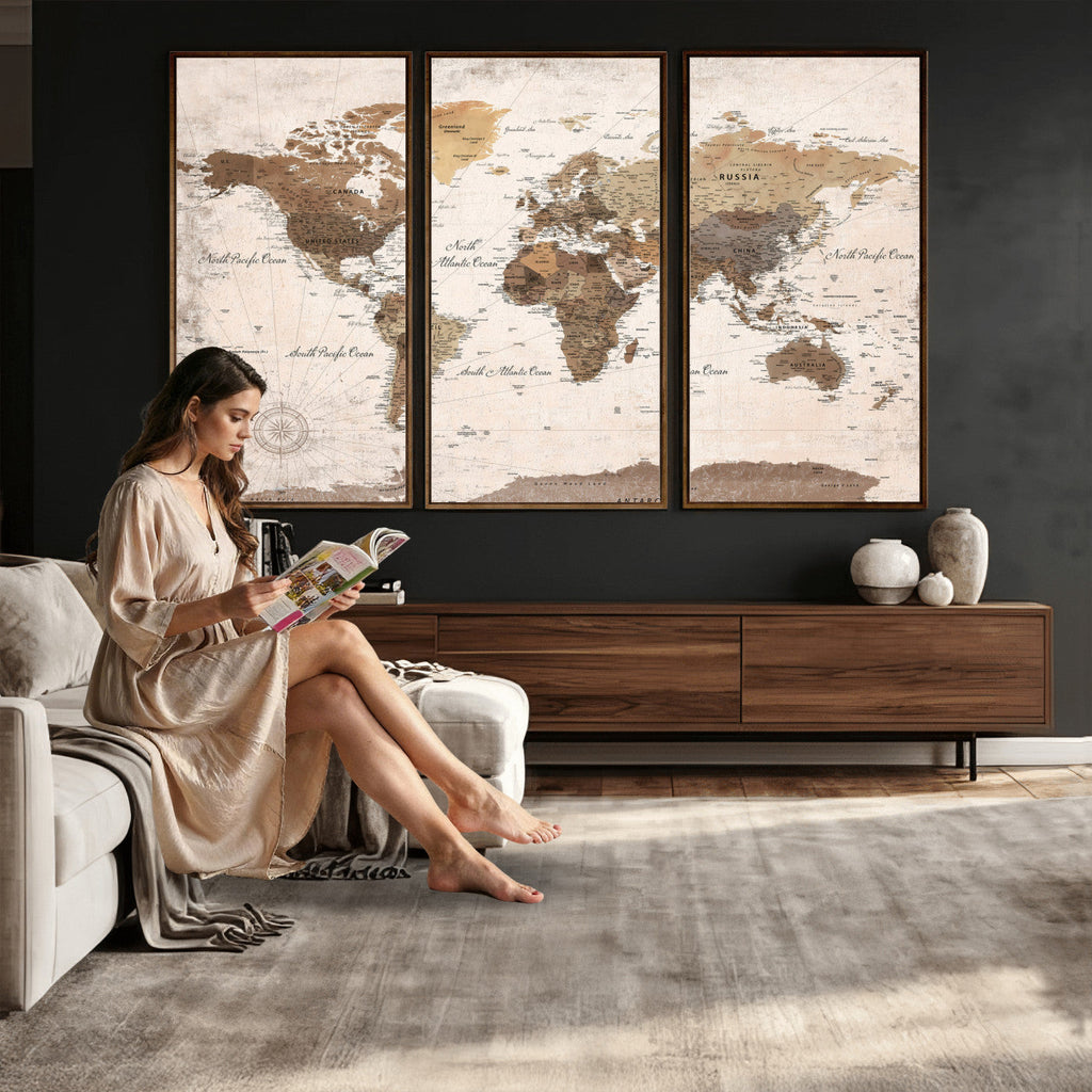 Modern World Map Canvas Print | Framed Travel Map Wall Art
