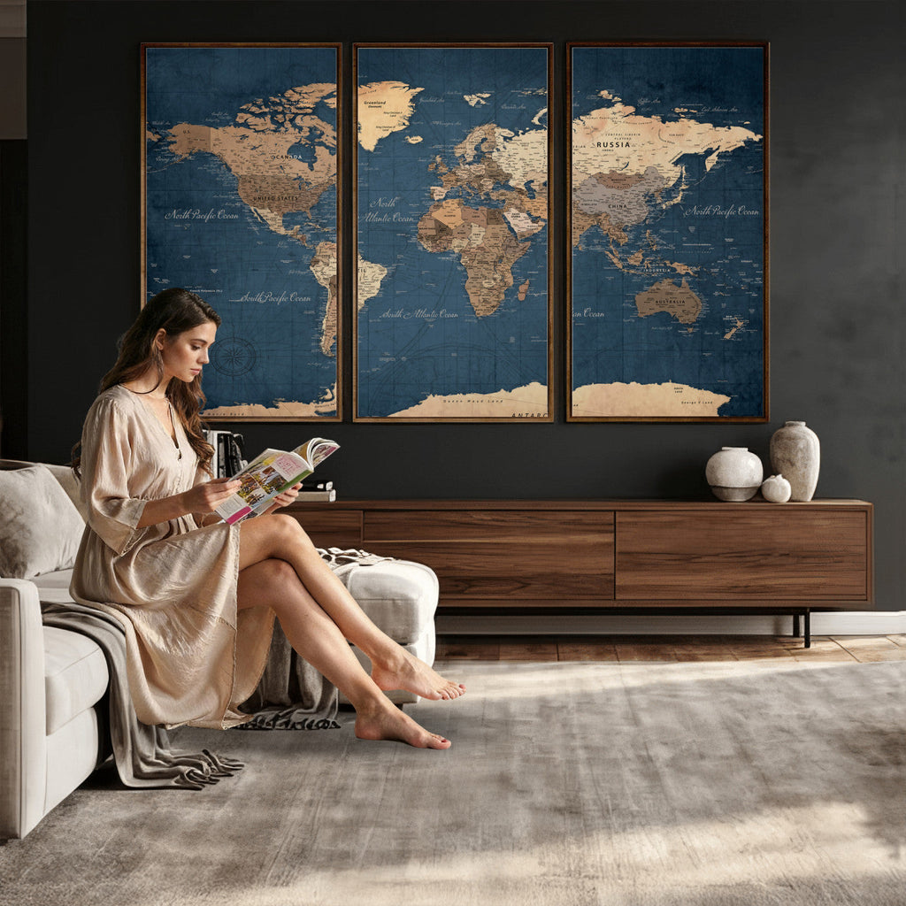 Navy Blue World Map Canvas Print | Framed Travel Map Wall Art