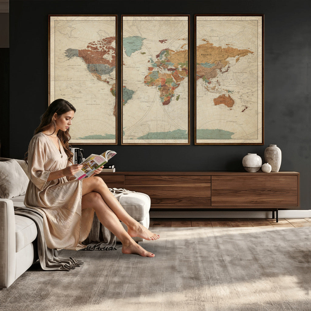 Vintage World Map Canvas Wall Art Print | Framed Modern World Map