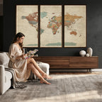 Vintage World Map Canvas Wall Art Print | Framed Modern World Map