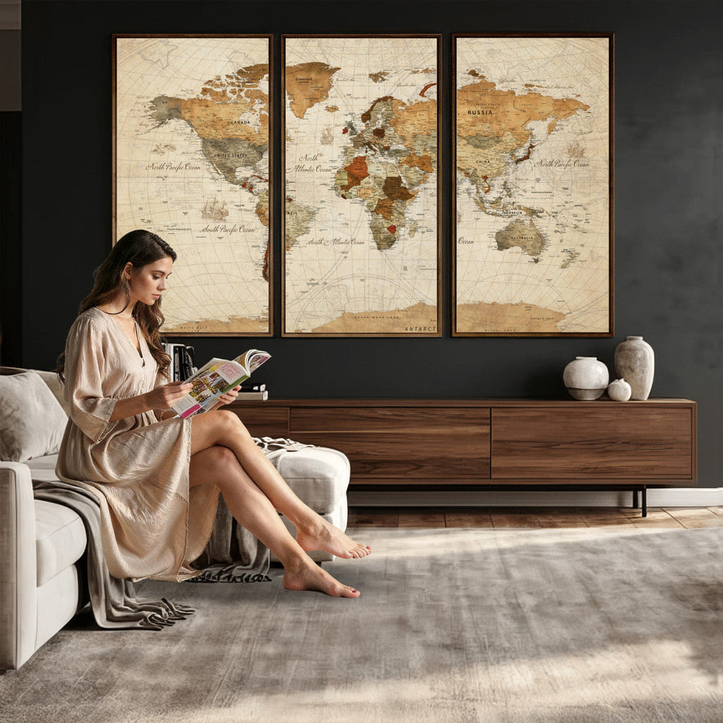 Rustic Vintage World Map Canvas Print | Framed Modern Vintage Travel Map Wall Art