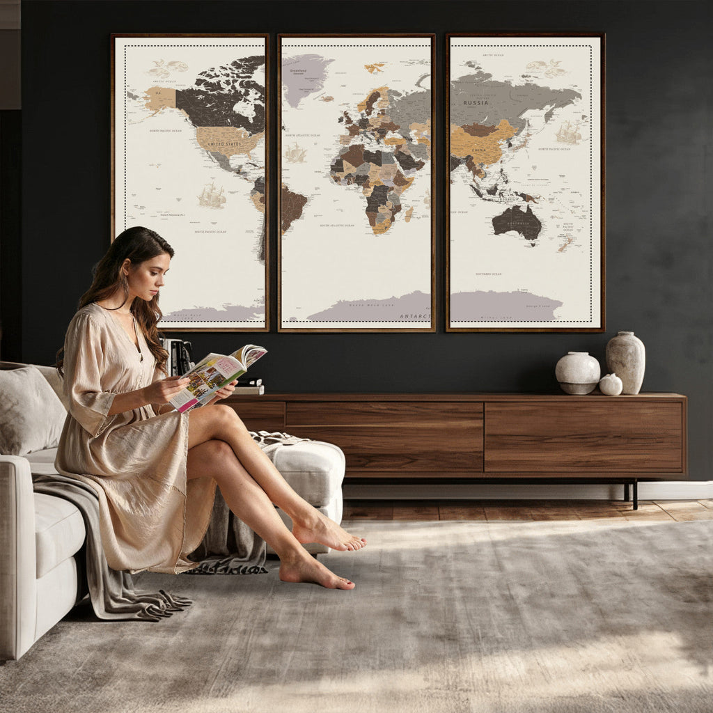 Custom Beige Modern Push Pin World Map Canvas Print, Places Visited Tracker, Bedroom and Study Decor