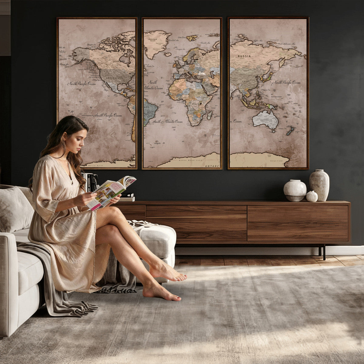 Grunge World Map Canvas Wall Art - Vintage Aged World Map with Golden Tones