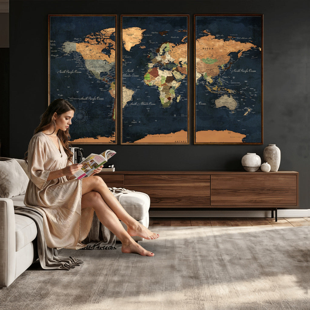 Vintage World Map Canvas Wall Art | Detailed Map with Countries, Oceans and Continents