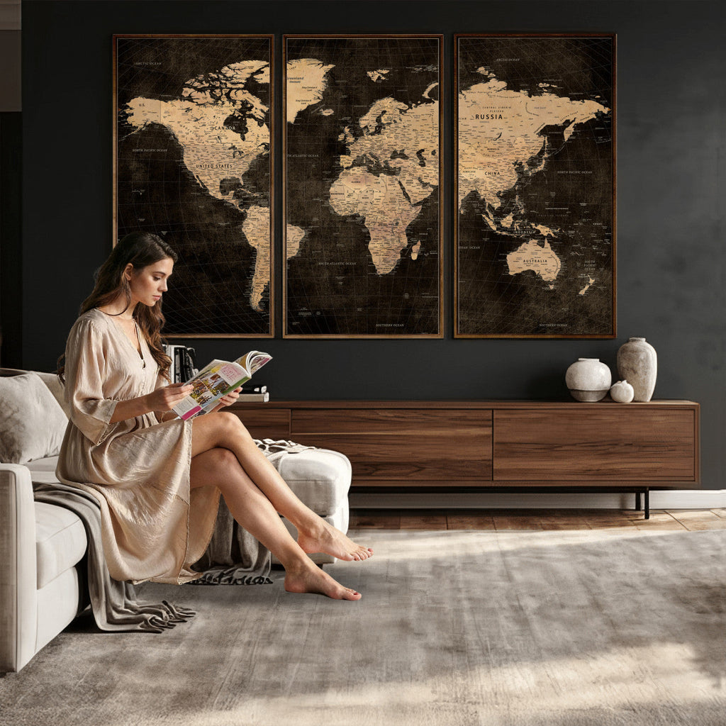 Brown World Map Canvas Print | Modern Travel Map Wall Art