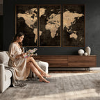 Brown World Map Canvas Print | Modern Travel Map Wall Art