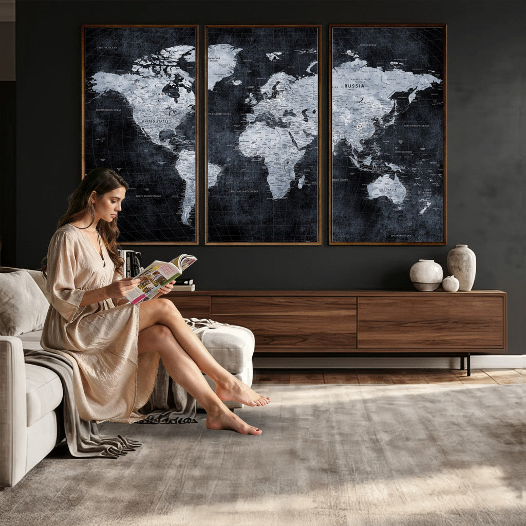 Black World Map Canvas Print | Detailed Map for Couples and Anniversary Gift