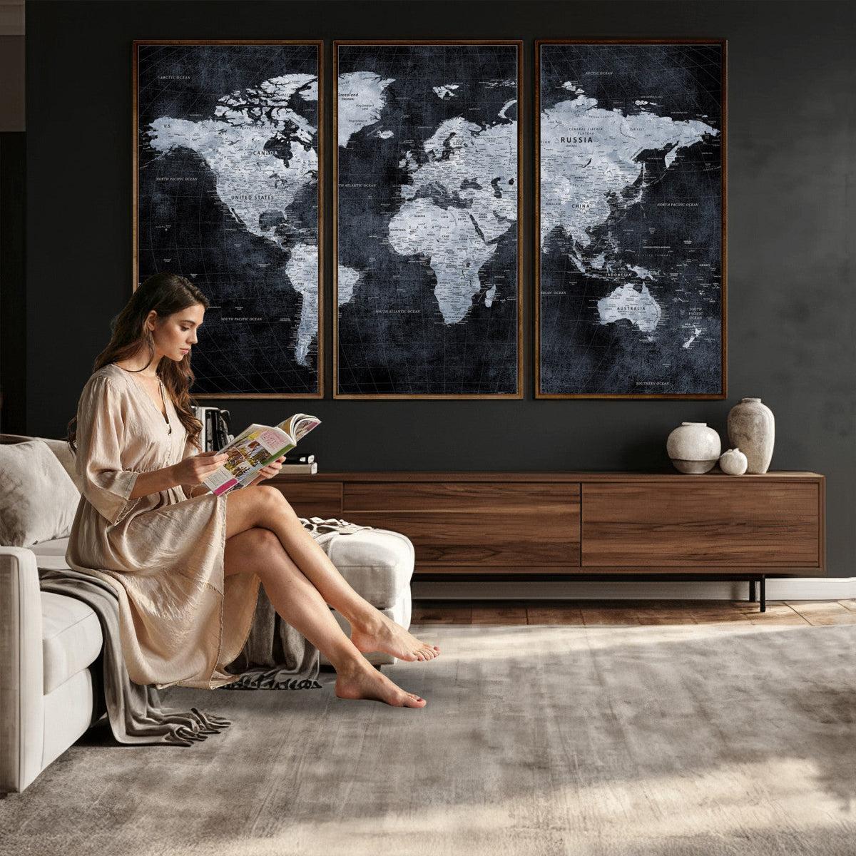 Black World Map Canvas Print | Detailed Map for Couples and Anniversary Gift