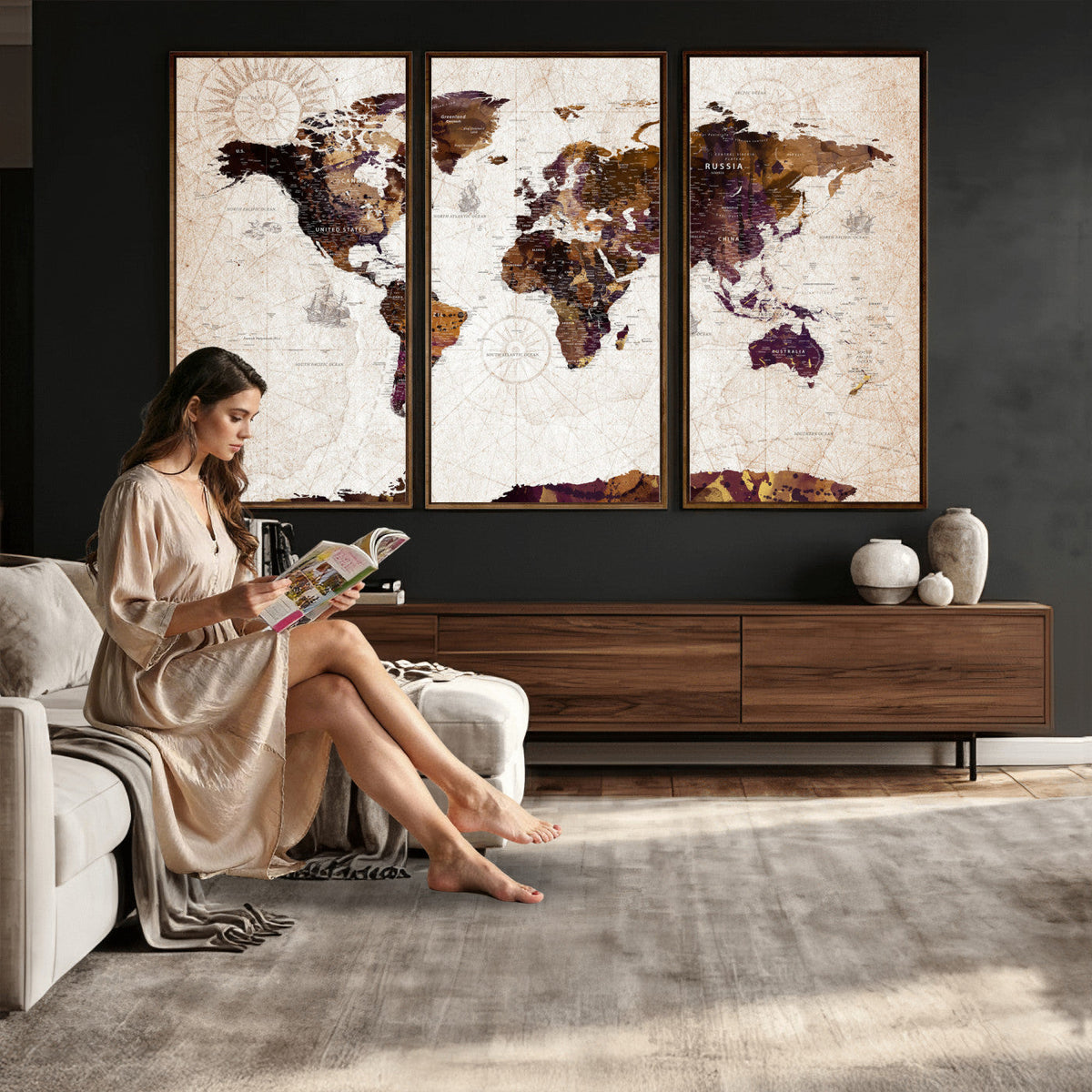 Blue Watercolor World Map Canvas Print | Framed Modern Wall Art