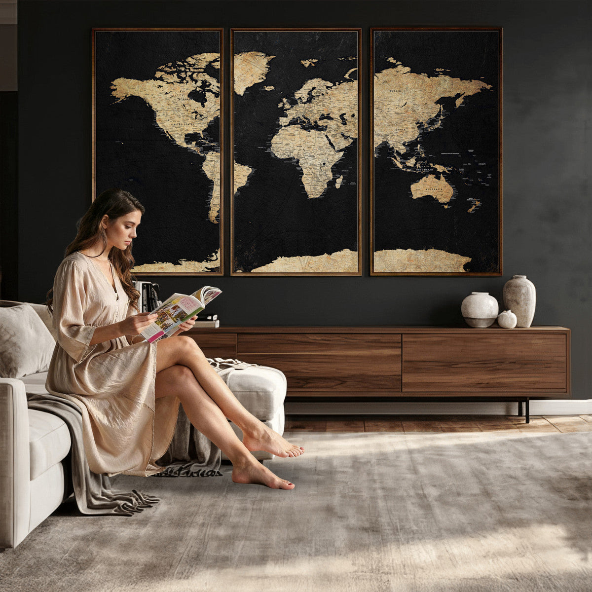 Beige World Map Canvas Wall Art Print, Minimal Black and Beige Map