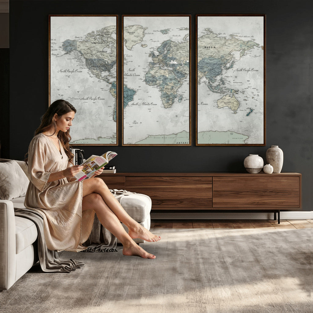 Neutral Vintage World Map Canvas Wall Art Print, Classic Map Artwork