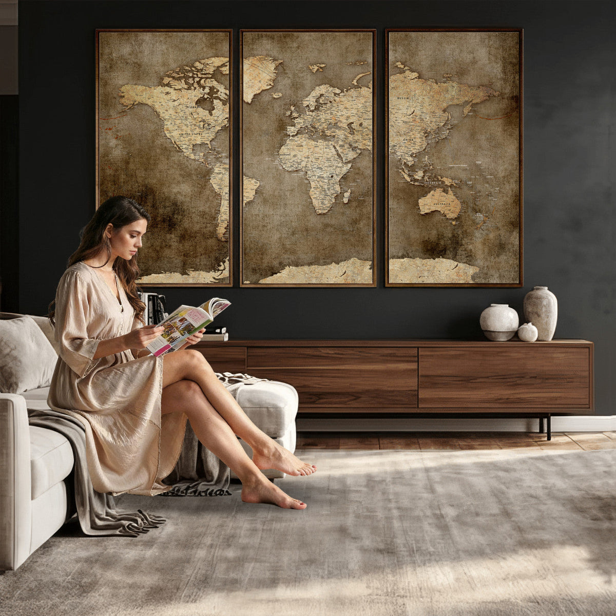 Dark Vintage World Map Canvas Wall Art Print, Antique Map Artwork