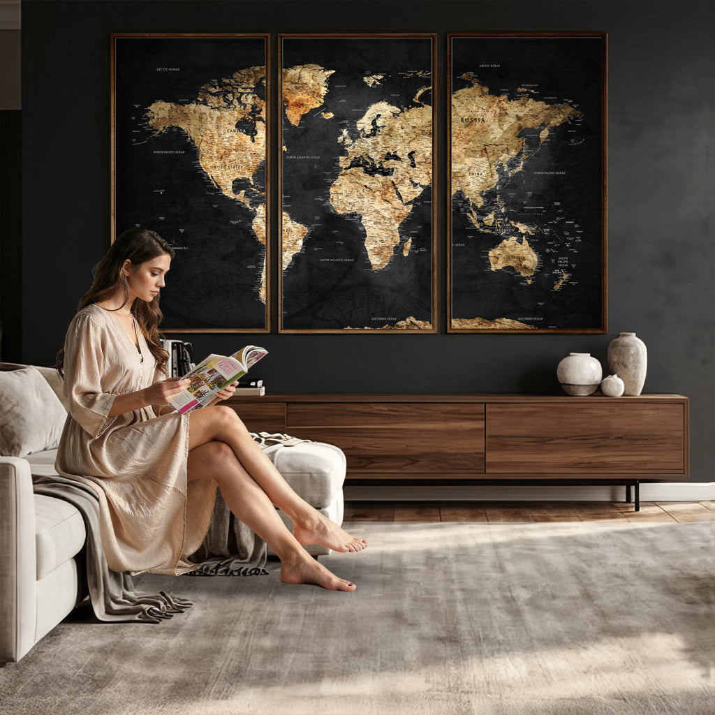 World Map Canvas Wall Art with Famous Landmarks | Framed Travel Map