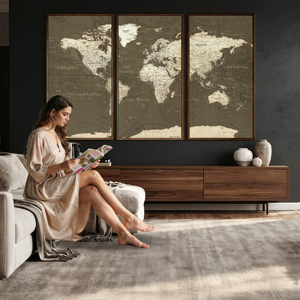 Vintage World Map Canvas Print | Framed Travel Map Wall Art for Couples