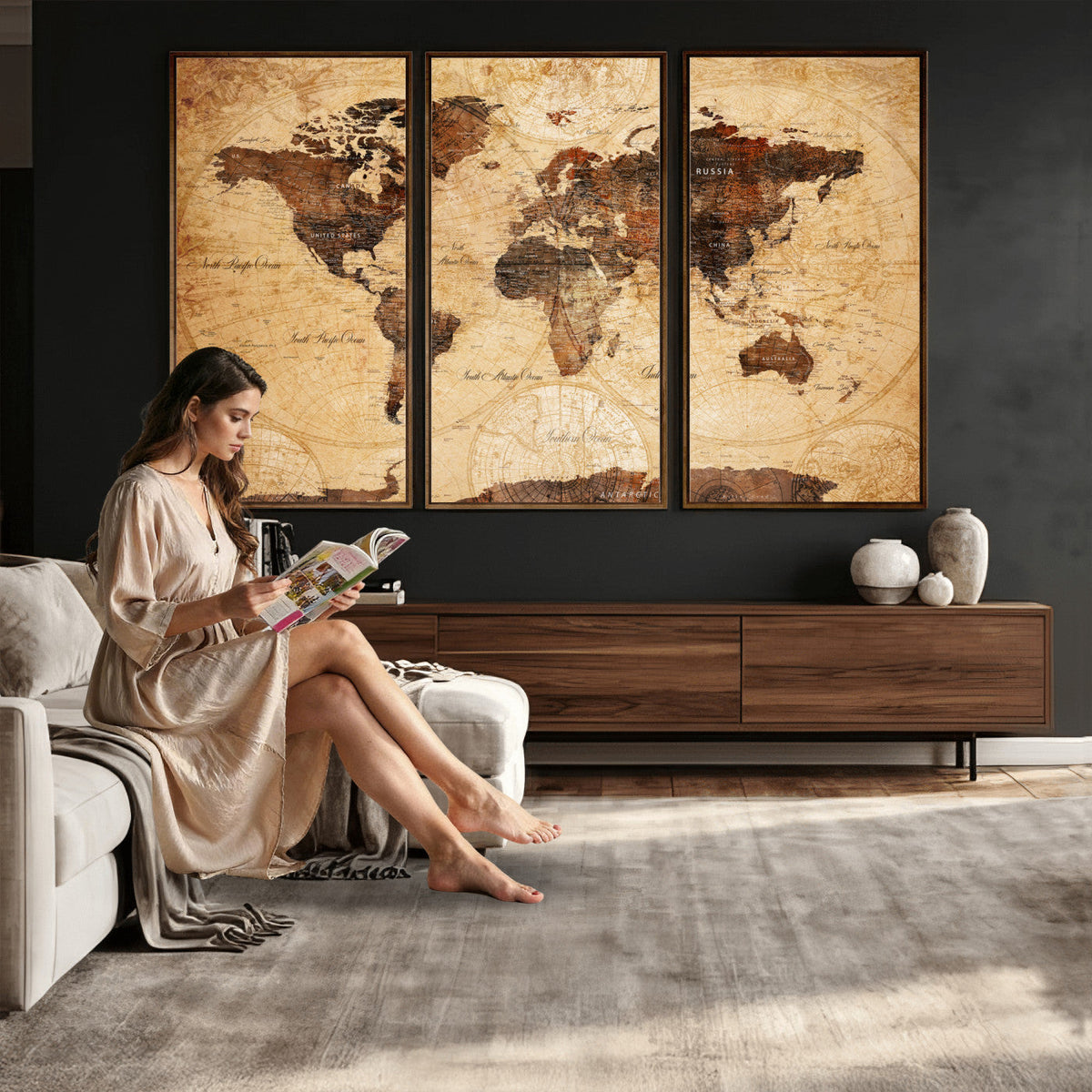 Modern Red and Gray World Map Canvas Print | Framed Wall Art