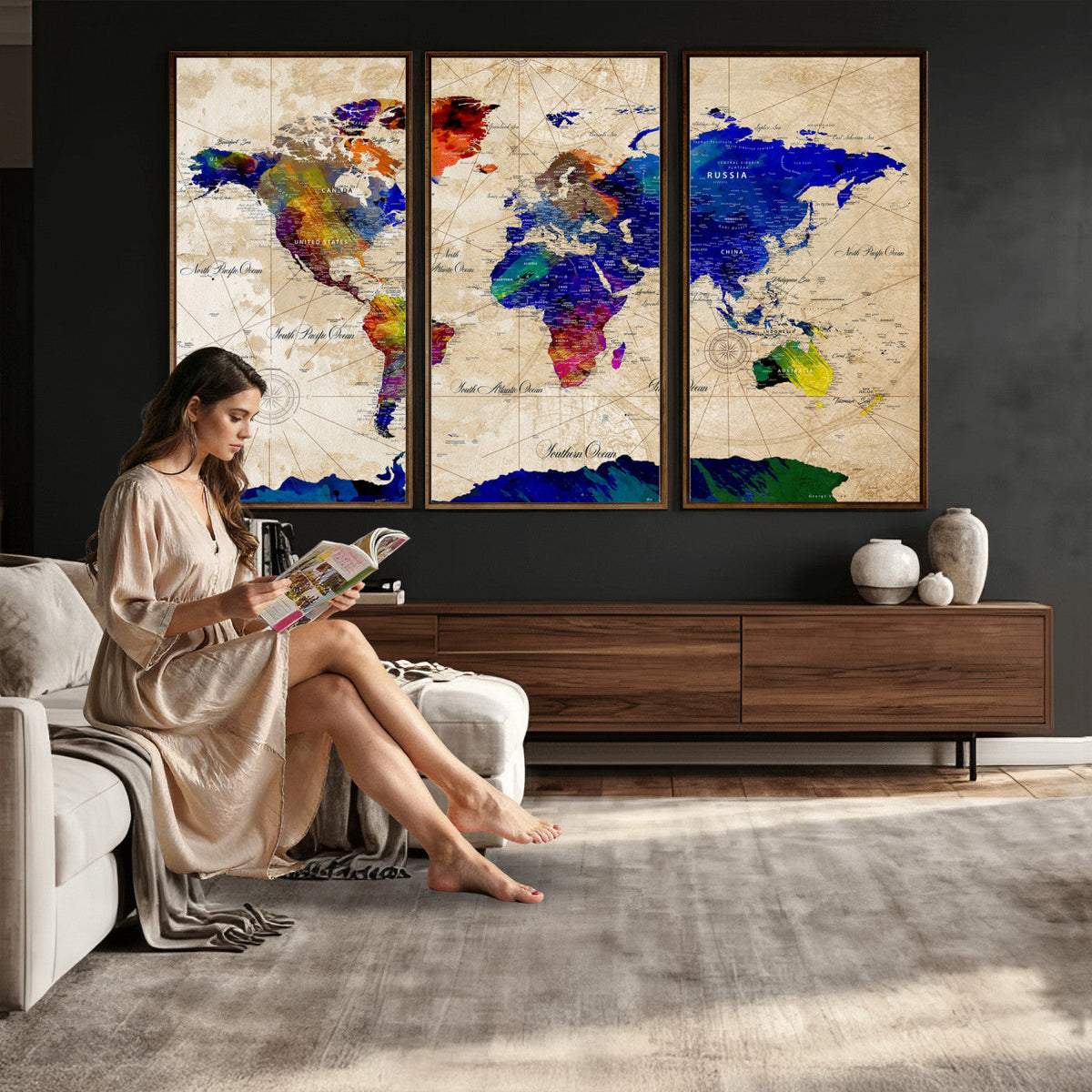 Watercolor World Map Canvas Print | Framed Wall Art for Couples