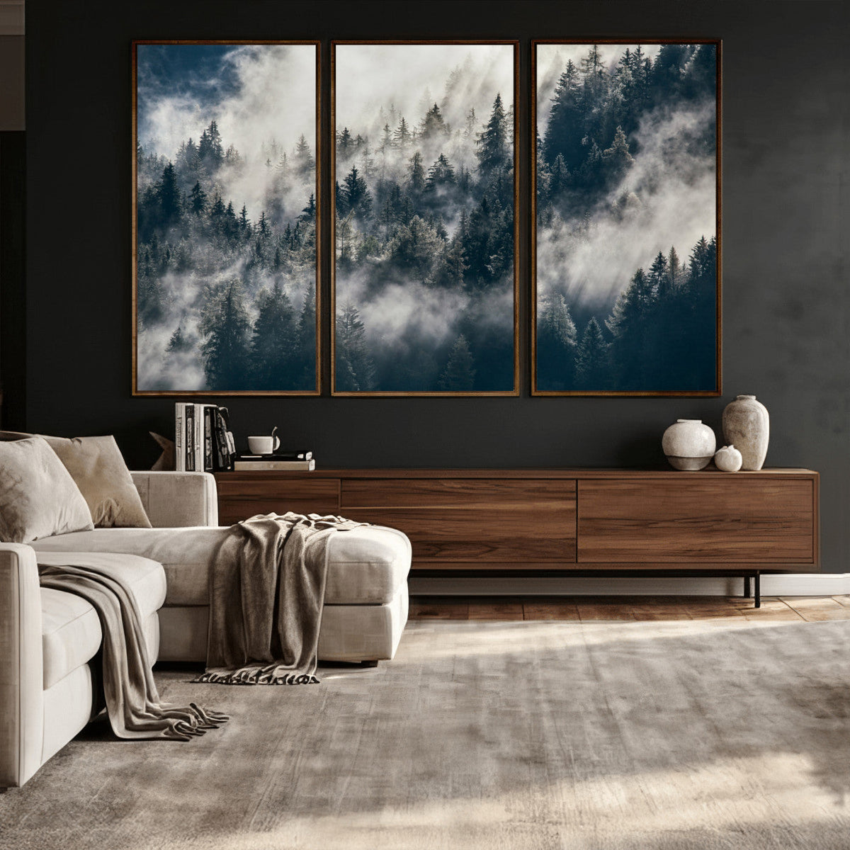 Foggy Mountain Forest Canvas Print, Misty Pine Trees Nature Wall Art