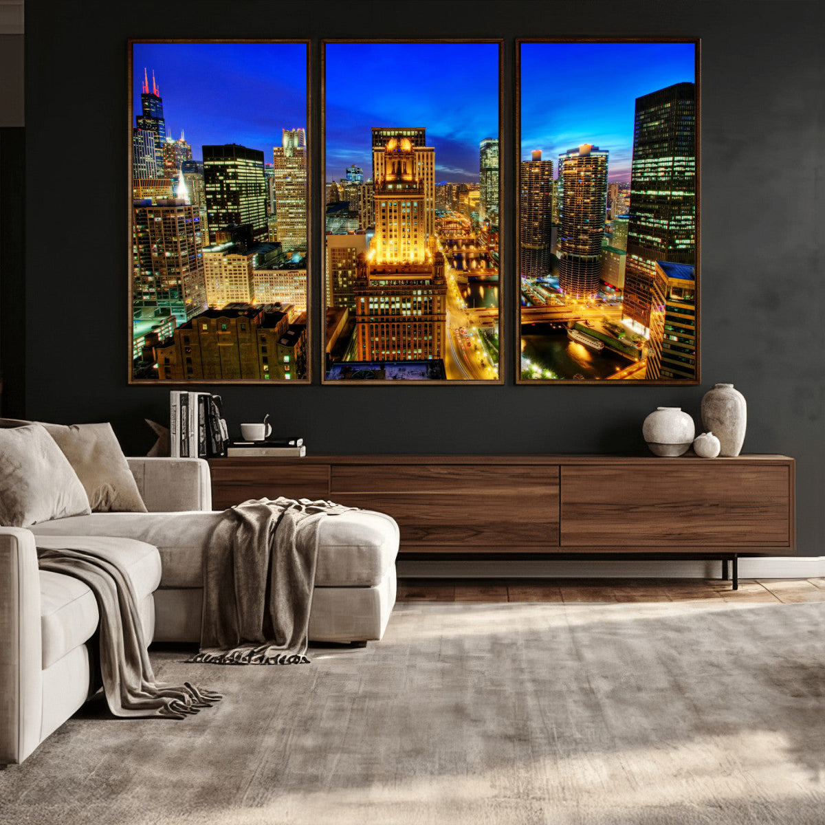 Chicago Wall Art Canvas Print - Chicago City Downtown Night Cityscape