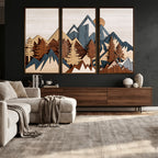 Layered Wooden Mountain Wall Art Canvas Print, Modern Rustic Forest and Pine Landscape