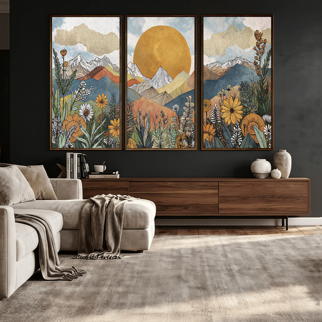 Boho Mountain Landscape Large Wall Art, Horizontal Gold Sun and Flowers Print