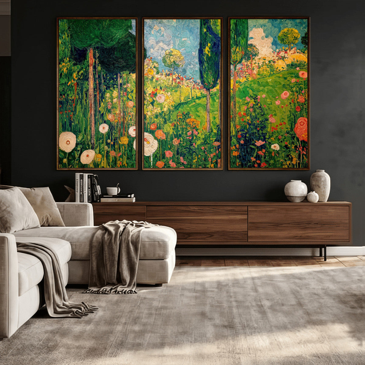 Gustav Klimt Boho Mountain Landscape Large Wall Art, Gold Sun and Flowers Print