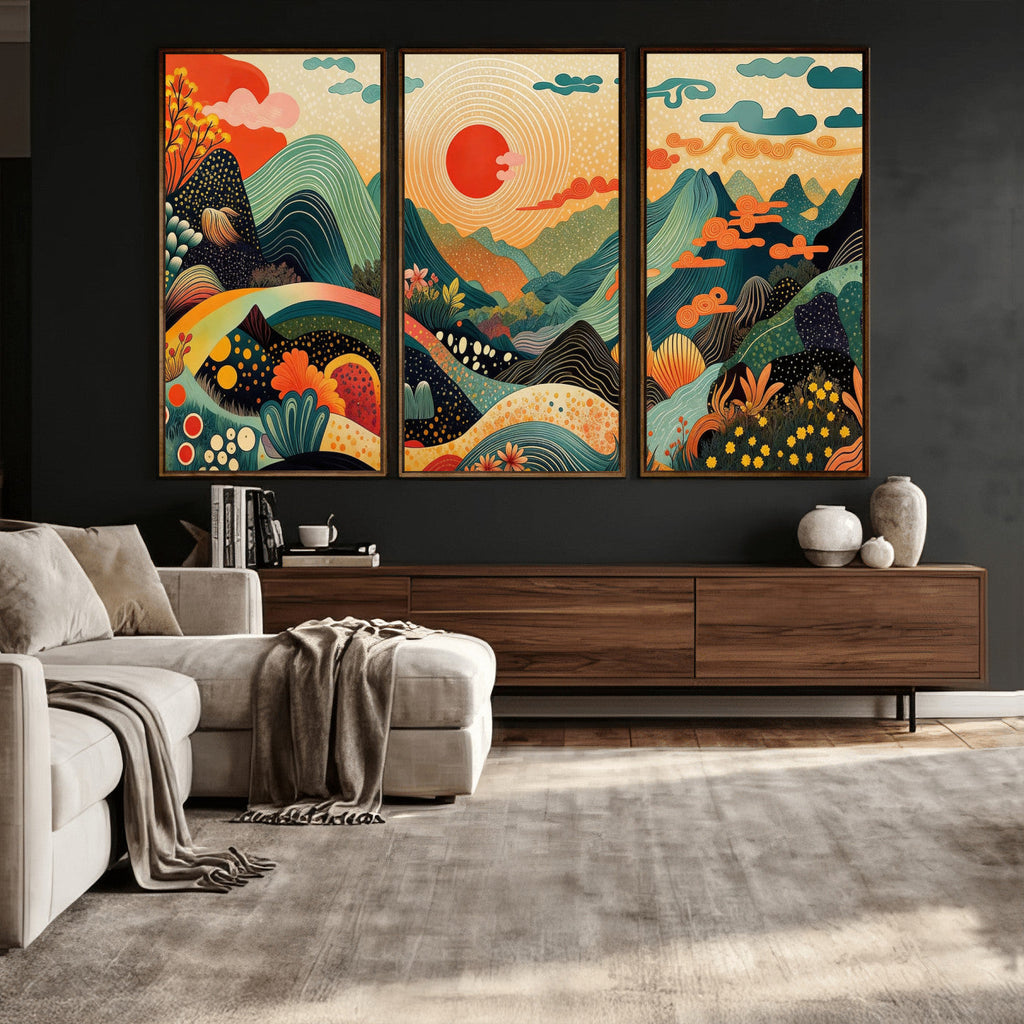 Yayoi Kusama Boho Mountain Landscape Large Wall Art, Gold Sun and Flowers Print