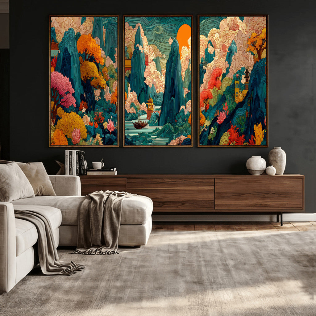 Colorful Japanese Landscape Print: Maximalist Panoramic Wall Art