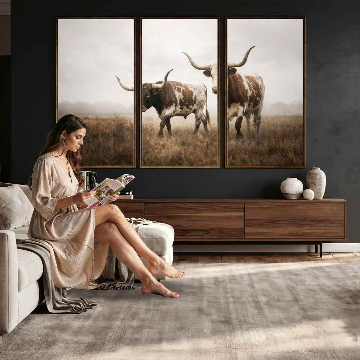 Texas Longhorn Canvas Wall Art Western Bull Desert, Rustic Farmhouse Wall Decor