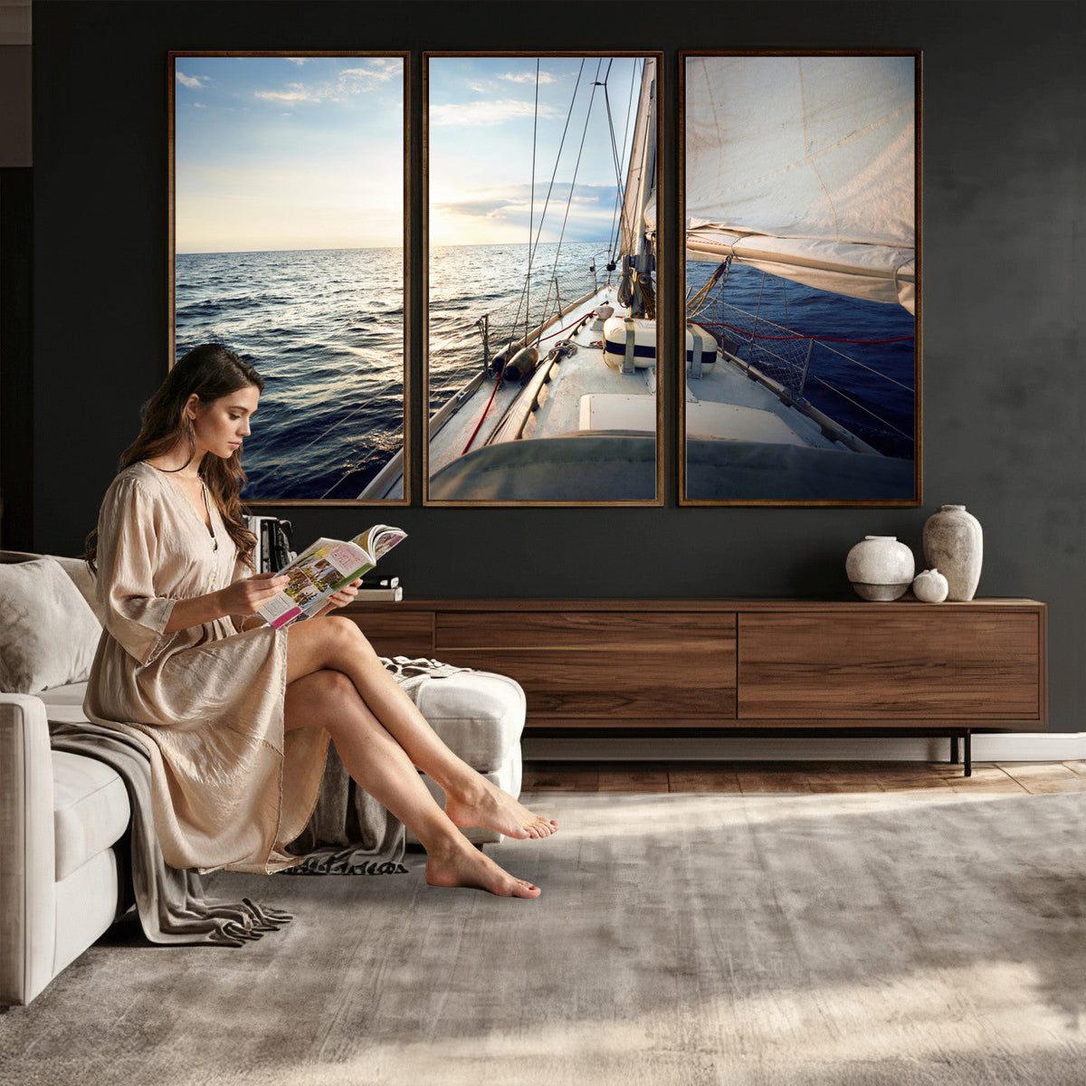 Sailboat Wall Art Canvas Print, Ocean Sunset Sailing Framed Artwork