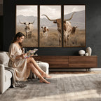 Rustic Texas Longhorn Cow Canvas Wall Art Print, Farm Animal Photography