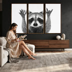 Funny Raccoon Canvas Wall Art, Black White Hands Up Animal Photo Print