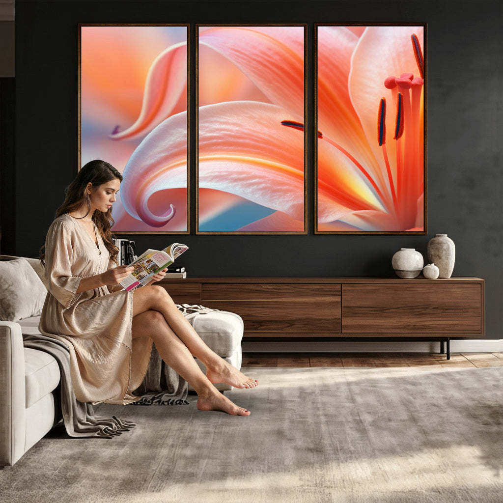 Peach Lily Canvas Wall Art, Coral Pink Flower Macro Photo Print, Botanical Decor